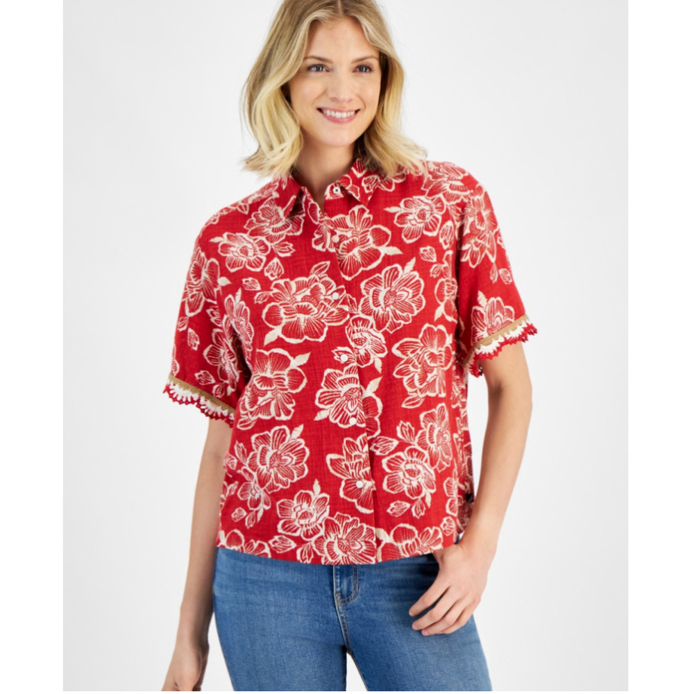 Nautica Jeans Women's XS Red Floral Print Crochet Trim Short Sleeve Shirt NWT